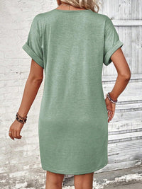 Quarter Button V-Neck Short Sleeve Dress