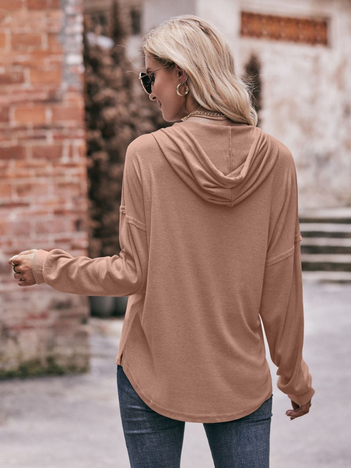 Buttoned Drawstring Dropped Shoulder Hoodie