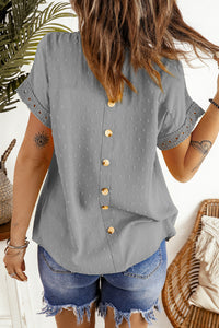 Swiss Dot Decorative Button Short Sleeve Blouse