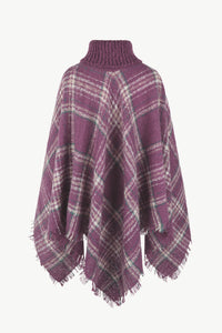 Plaid Turtleneck Fringe Hem Poncho