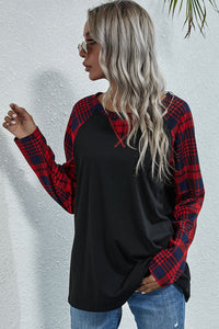 Plaid Print Long Raglan Sleeve Tee