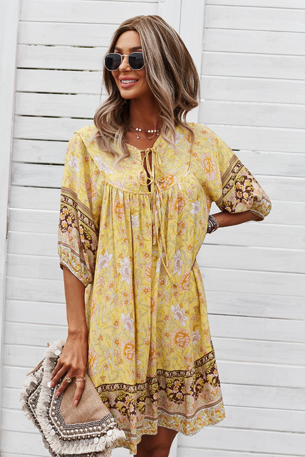 Bohemian Tie Neck Mini Dress