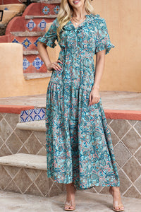 Paisley Print Flounce Sleeve Maxi Dress