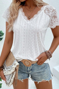 Eyelet Lace Detail V-Neck T-Shirt