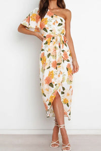 Floral One-Shoulder Tied Tulip Hem Dress