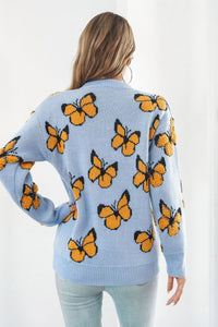 Butterfly Pattern Round Neck Dropped Shoulder Sweater