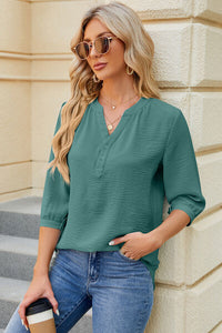 Notched Three-Quarter Sleeve T-Shirt