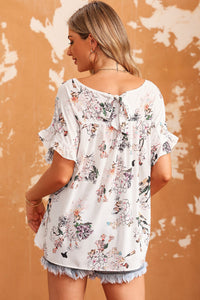 Floral Boat Neck Flounce Sleeve Blouse