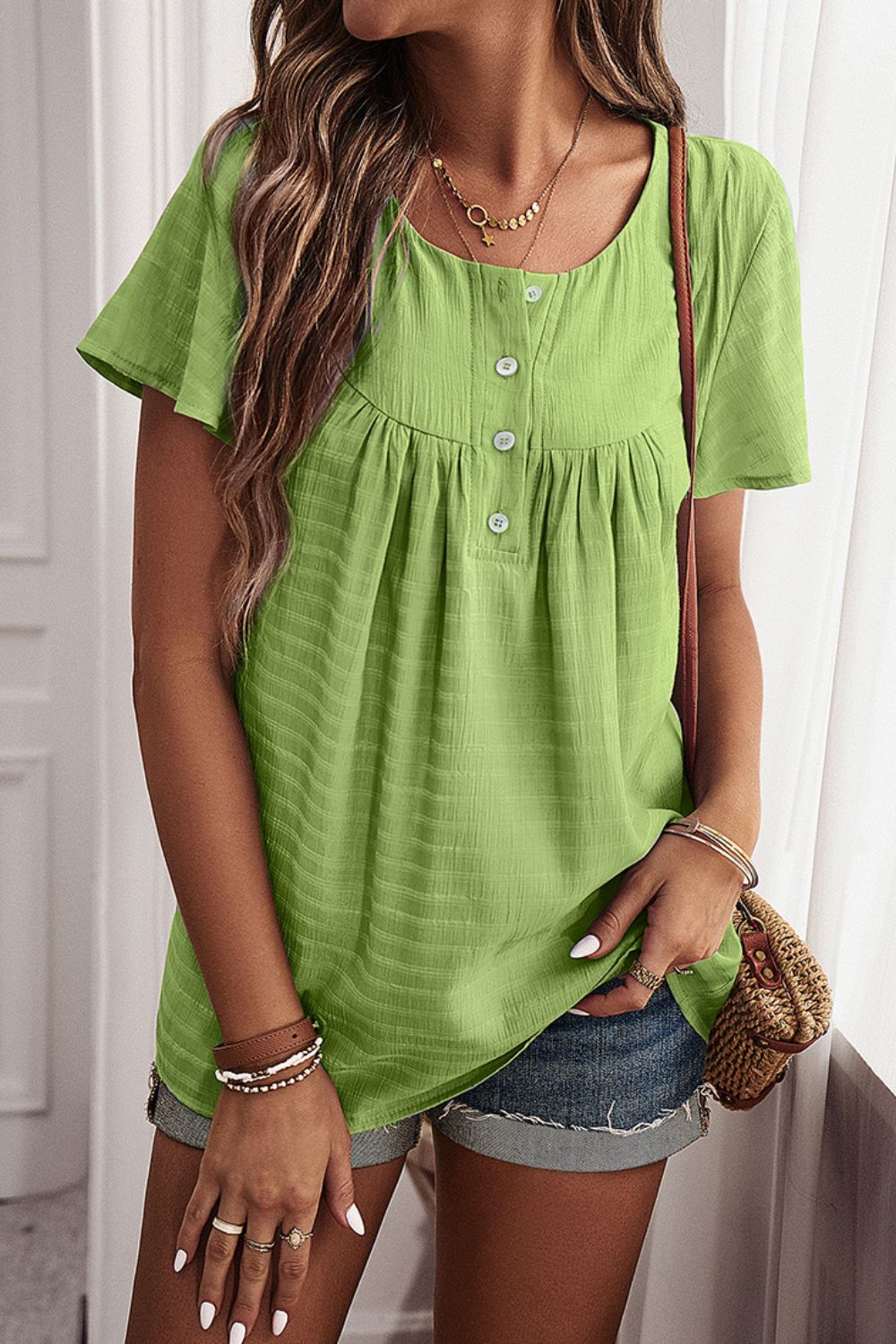 Quarter-Button Round Neck Short Sleeve Top