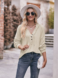 Buttoned Drawstring Dropped Shoulder Hoodie