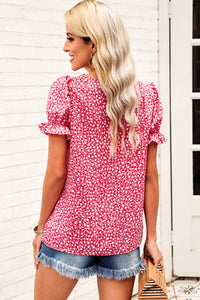 Printed Flounce Sleeve Plunge Blouse