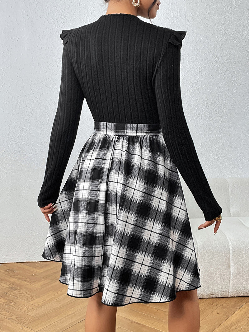 Plaid Ruffle Shoulder Round Neck Dress