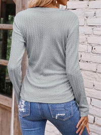 Textured Ruched V-Neck Long Sleeve T-Shirt