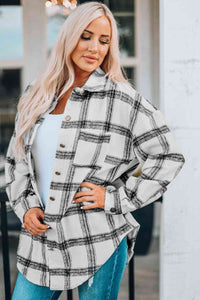 Plaid Curved Hem Dropped Shoulder Longline Shirt Jacket