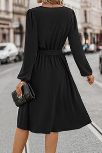 Tie Waist Notched Neck Long Sleeve Dress