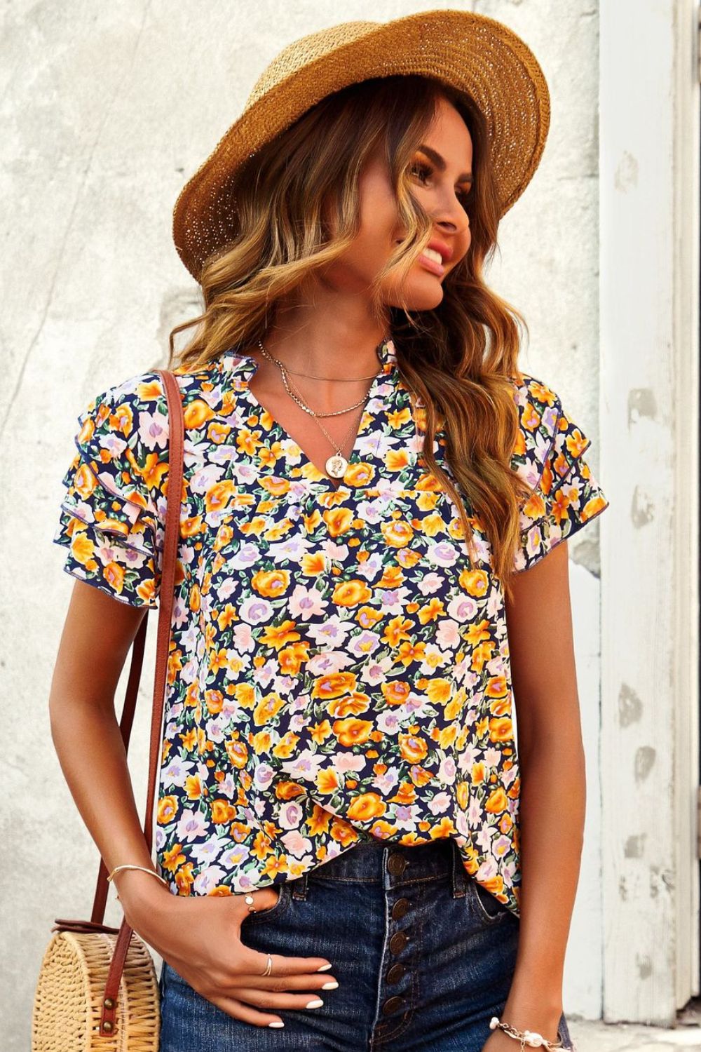 Floral Notched Neck Flutter Sleeve Blouse