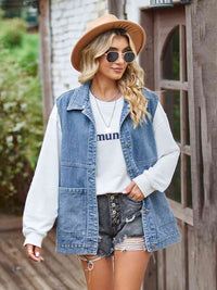 Button Front Sleeveless Denim Jacket