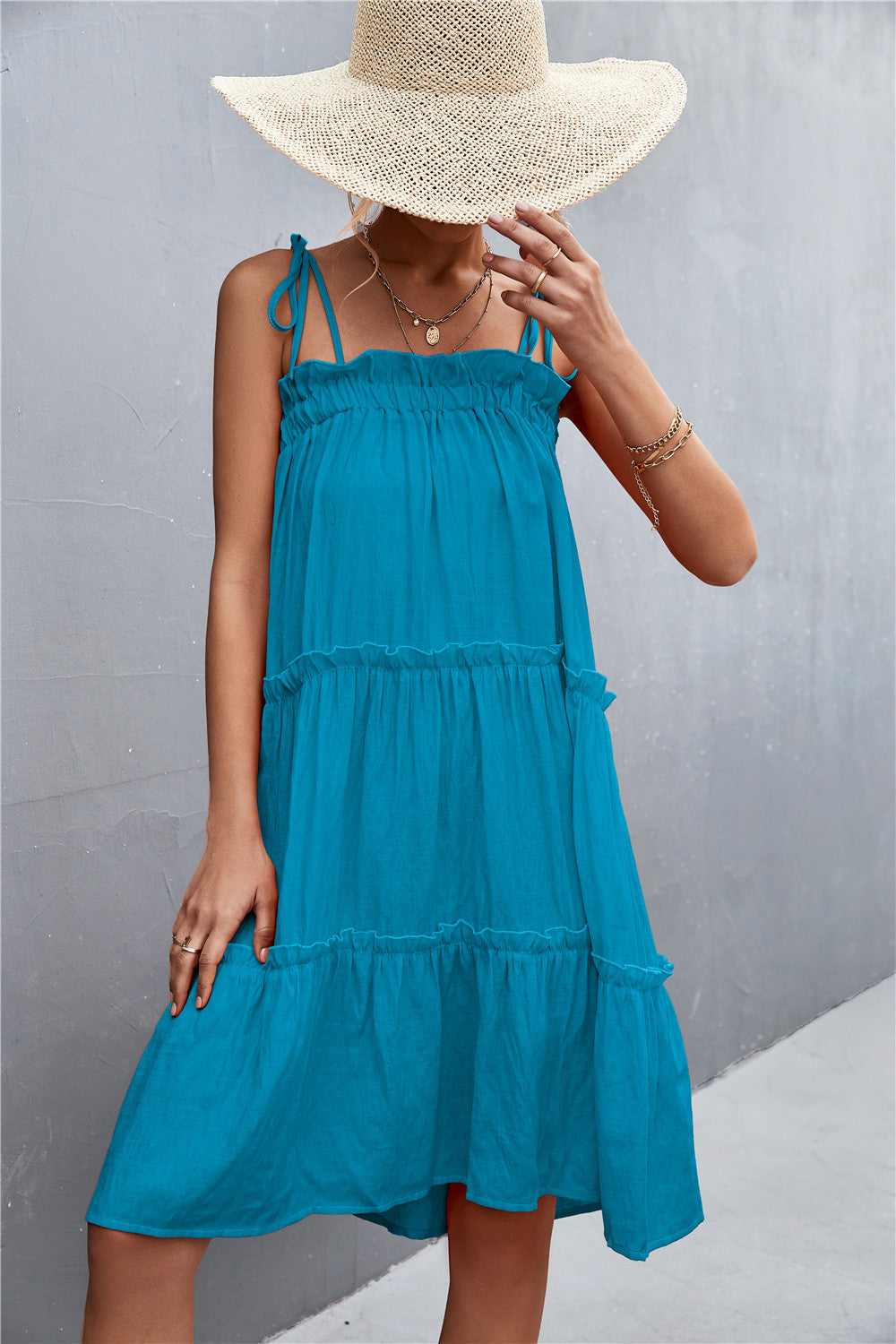 Tie-Shoulder Frill Trim Sleeveless Dress