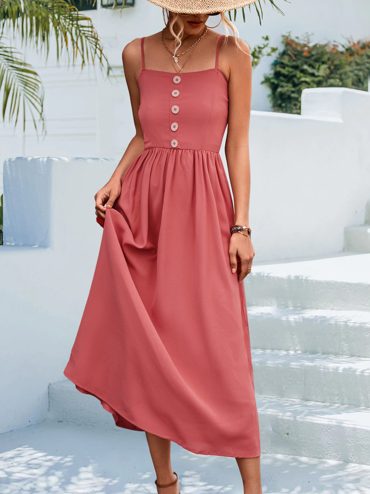 Decorative Button Spaghetti Strap Midi Dress