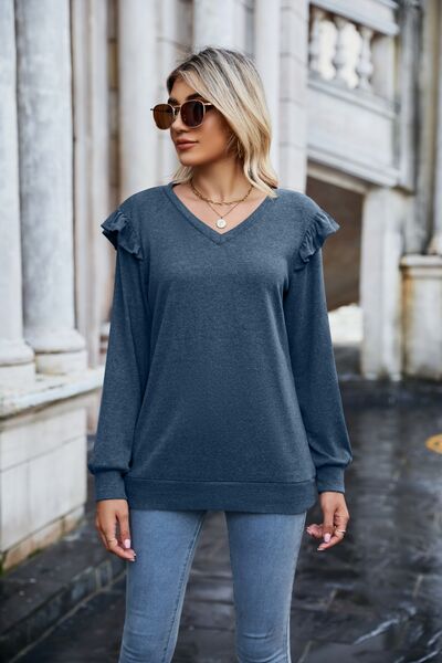 Ruffled Heathered V-Neck Long Sleeve T-Shirt