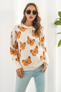 Butterfly Pattern Round Neck Dropped Shoulder Sweater