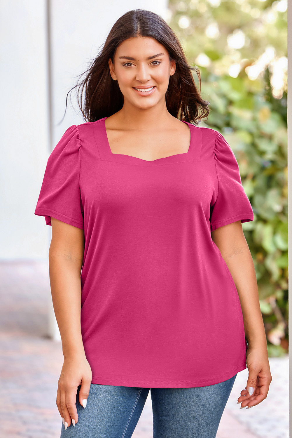 Plus Size Square Neck Puff Sleeve Tee