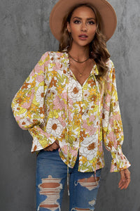 Floral Frill Trim Tie Neck Flounce Sleeve Blouse