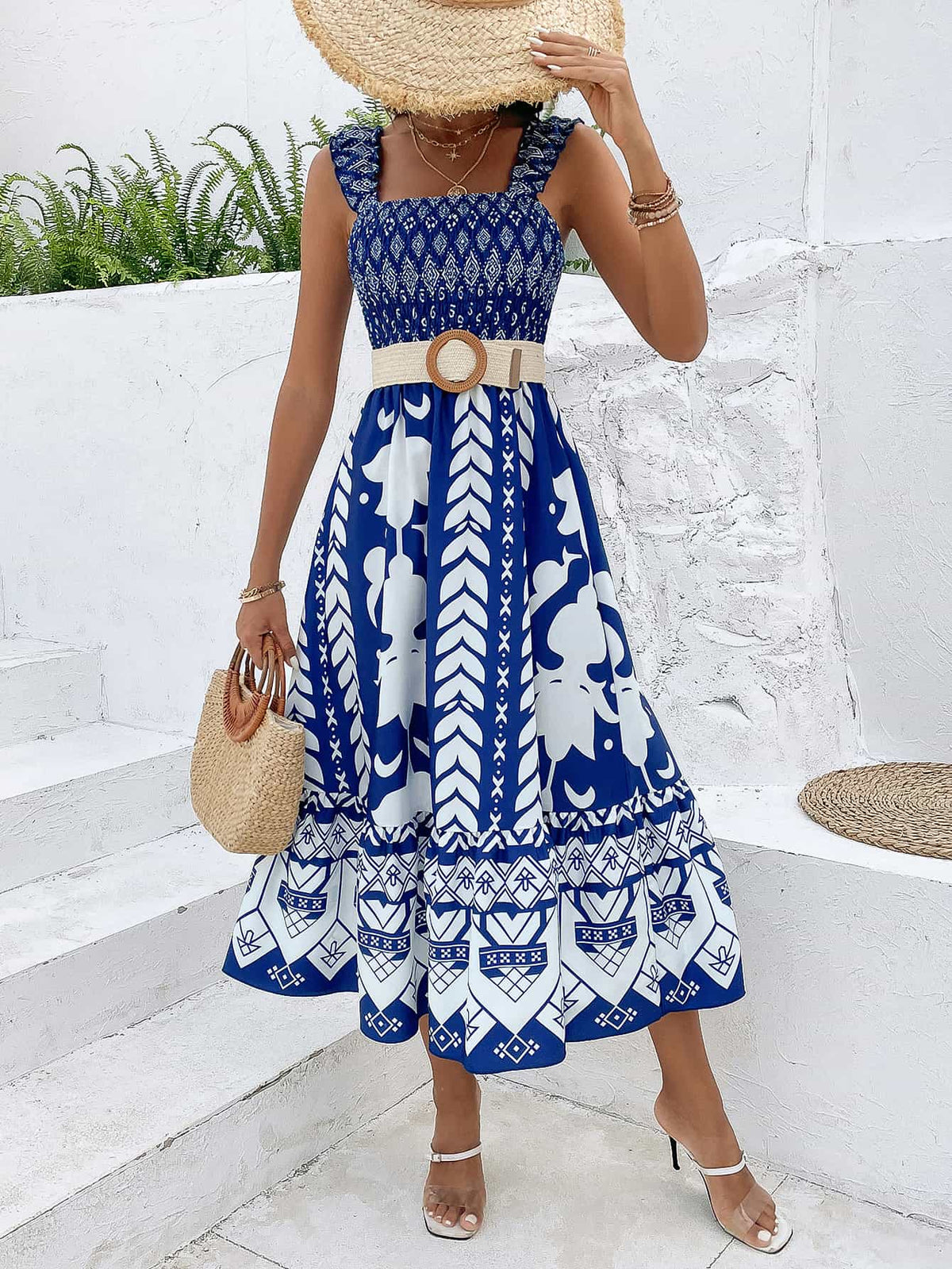 Printed Square Neck Sleeveless Midi Dress