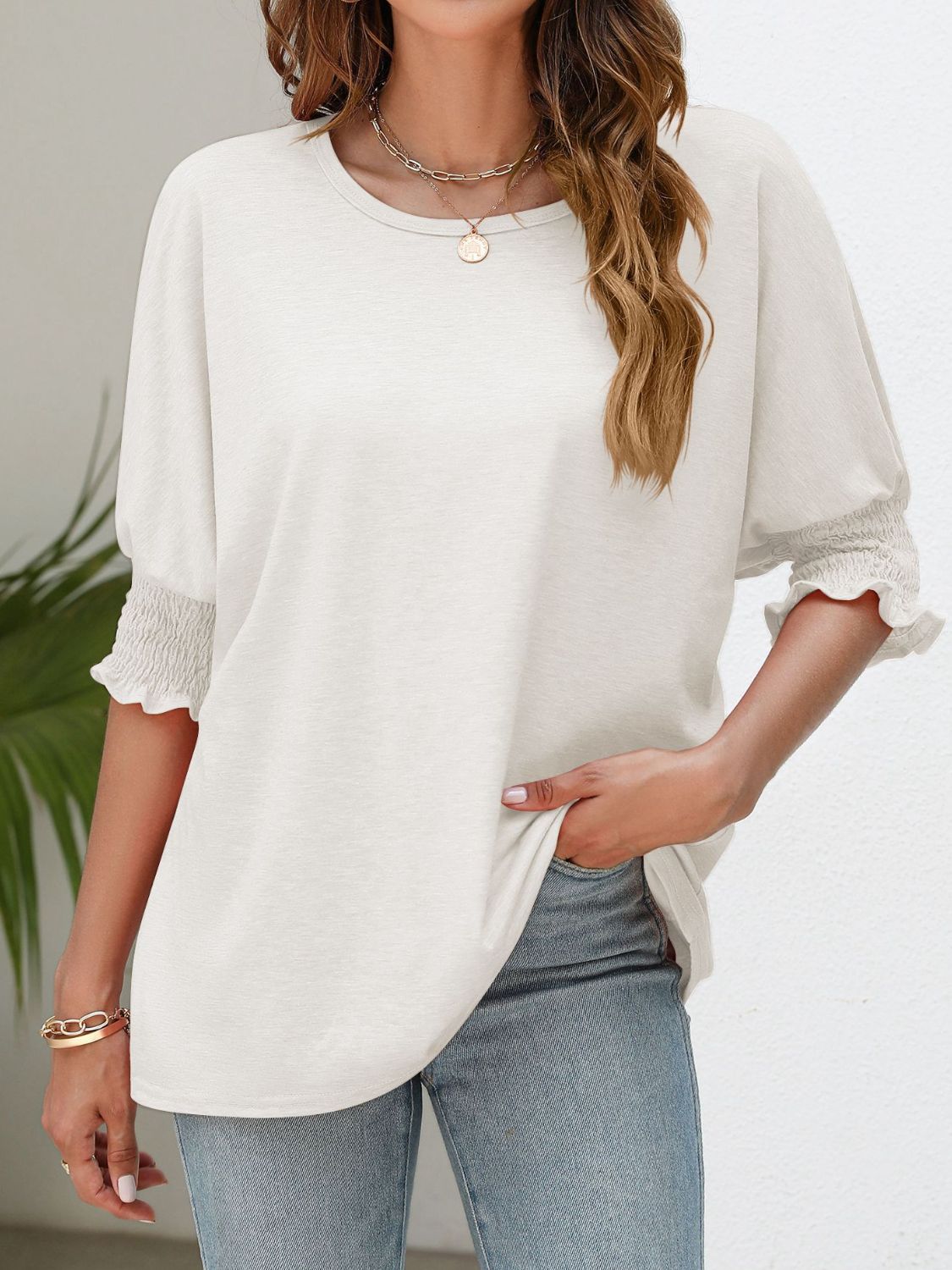 Smocked Flounce Sleeve Round Neck T-Shirt