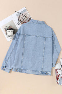 Pocketed Geometric Collared Neck Denim Jacket