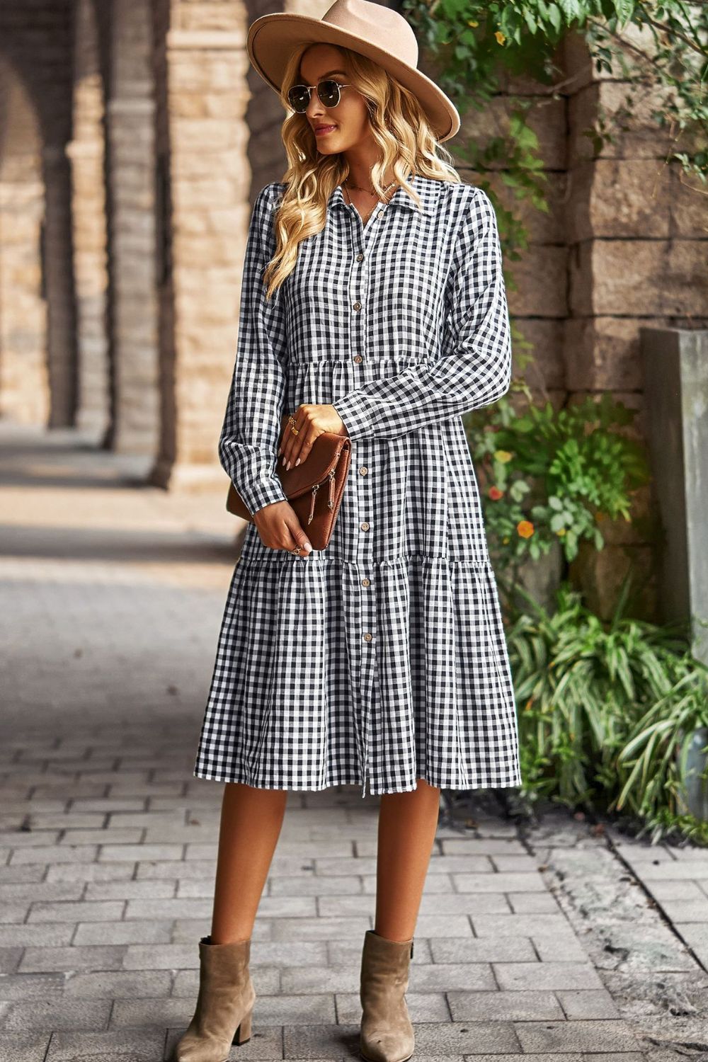 Collared Neck Long Sleeve Midi Dress