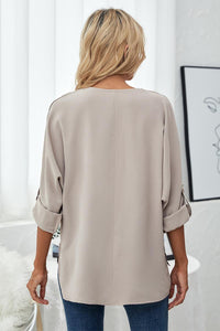 Roll-Tab Sleeve V-Neck Blouse