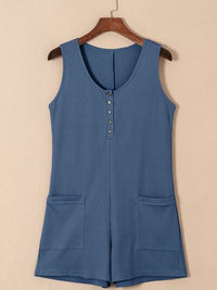 Waffle-Knit Half Button Sleeveless Romper with Pockets