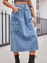 Slit Buttoned Denim Skirt with Pockets