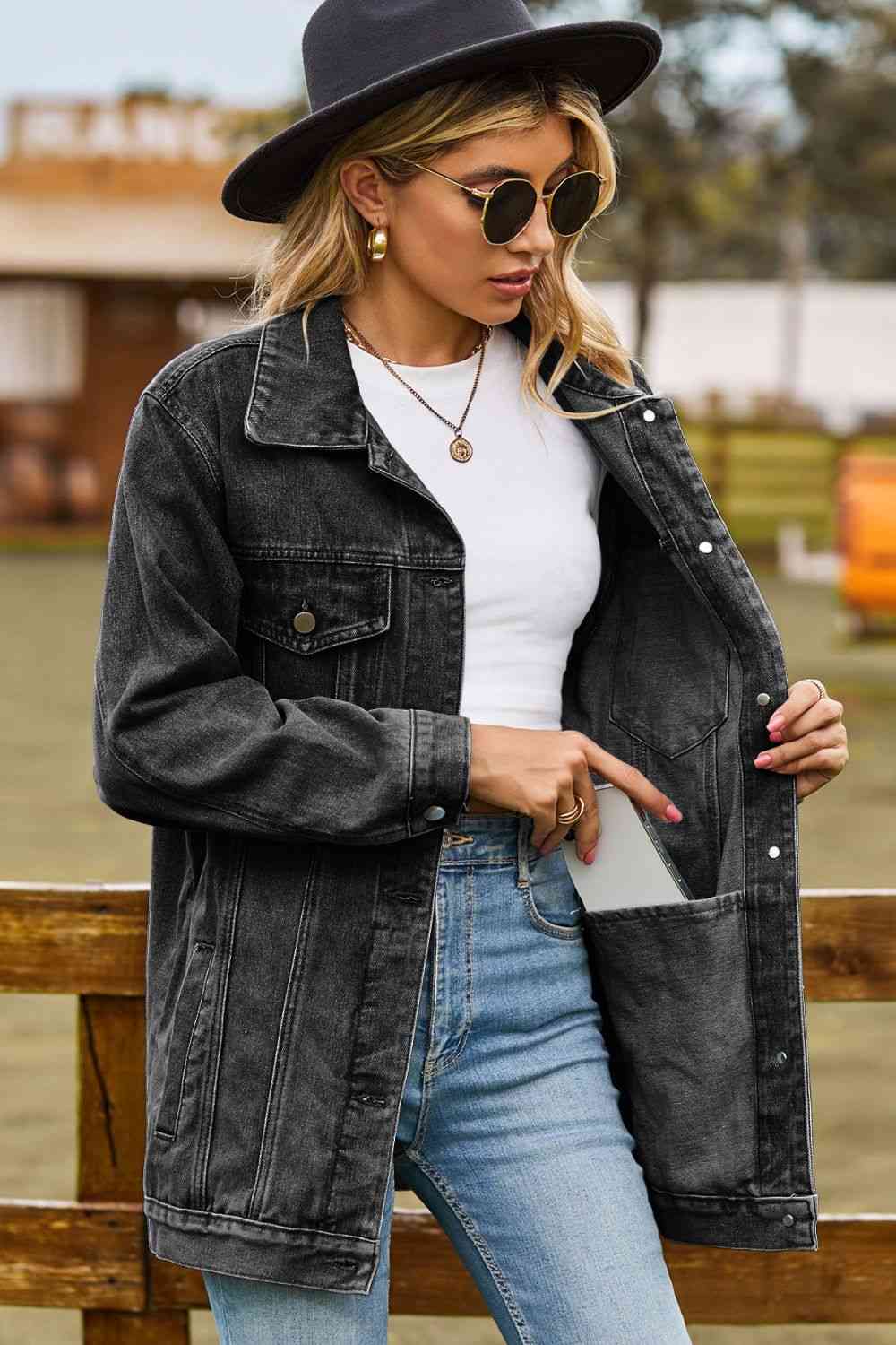 Buttoned Collared Neck Denim Jacket with Pockets