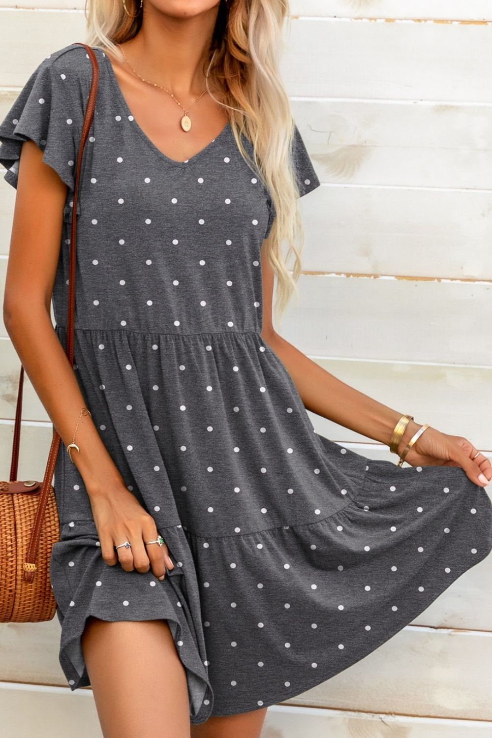 Polka Dot V-Neck Flutter Sleeve Mini Dress