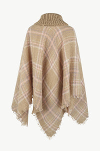 Plaid Turtleneck Fringe Hem Poncho