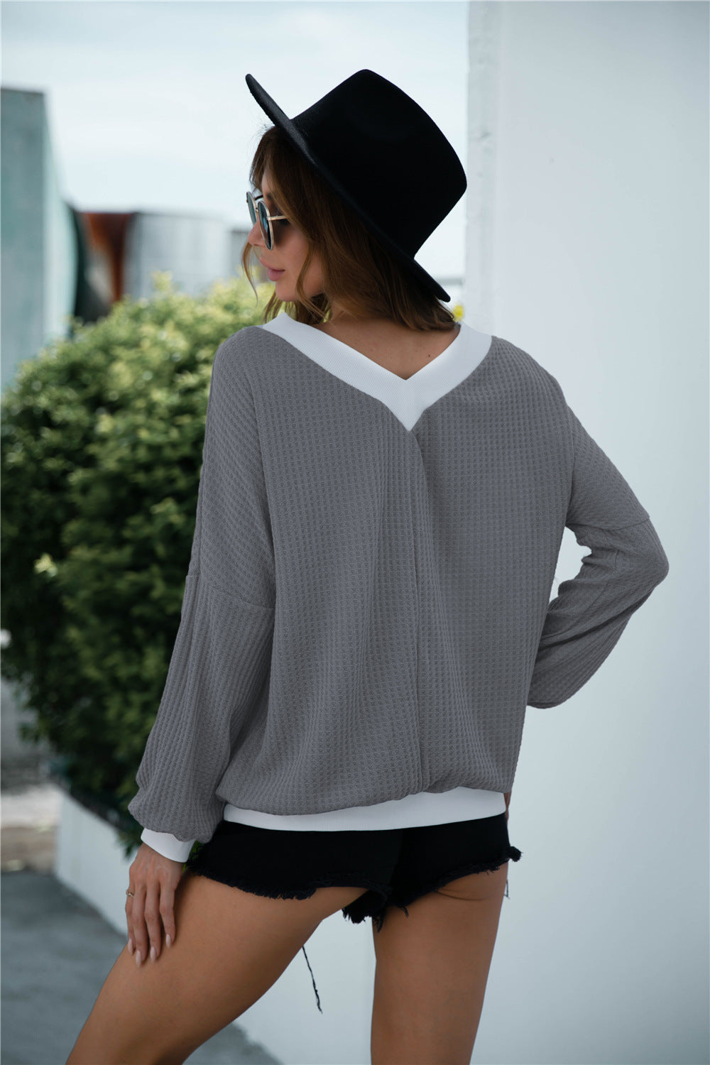 Off-Shoulder Waffle-knit Dropped Shoulder Blouse