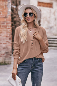 Buttoned Drawstring Dropped Shoulder Hoodie