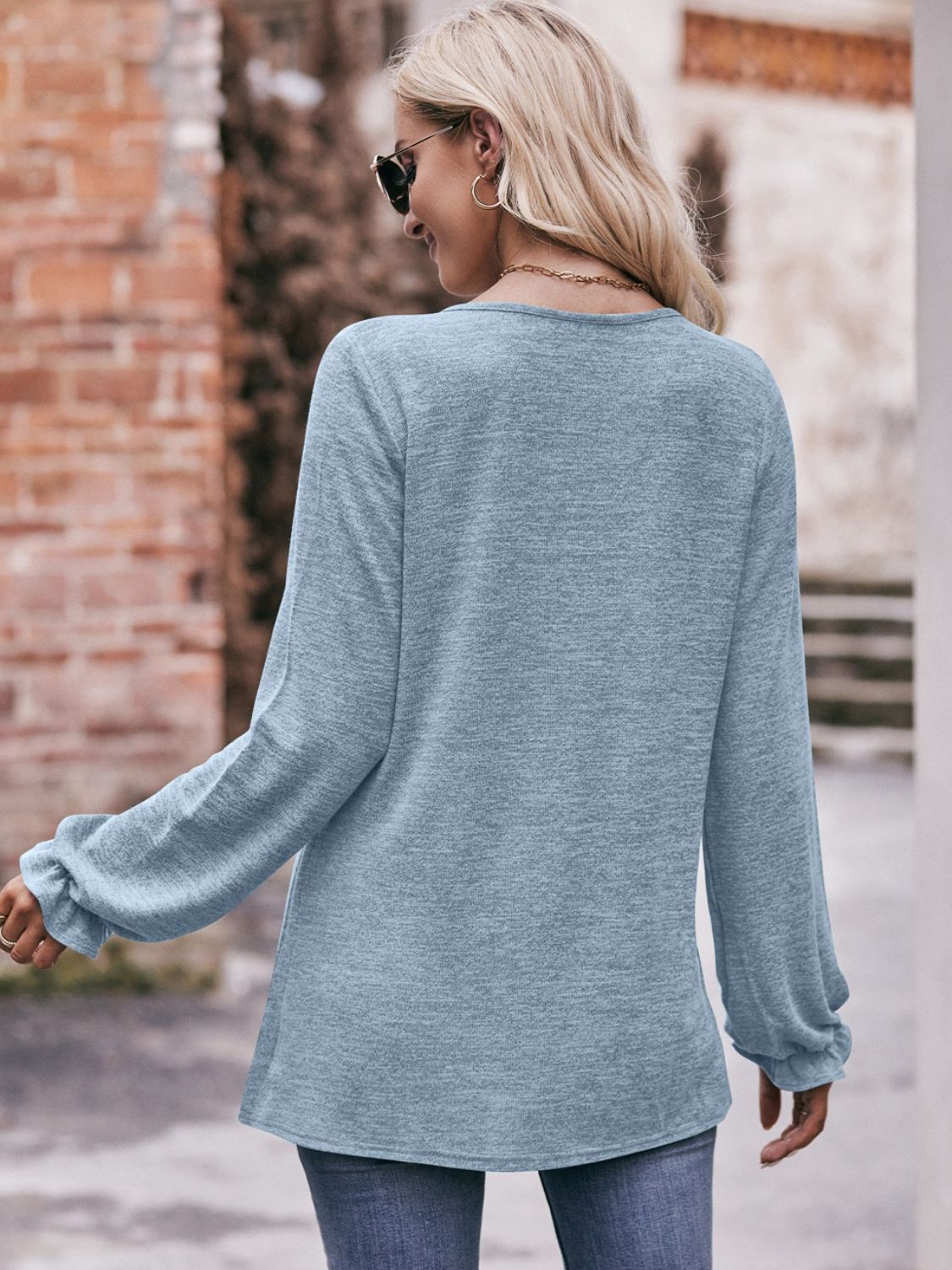 Long Flounce Sleeve Round Neck Blouse