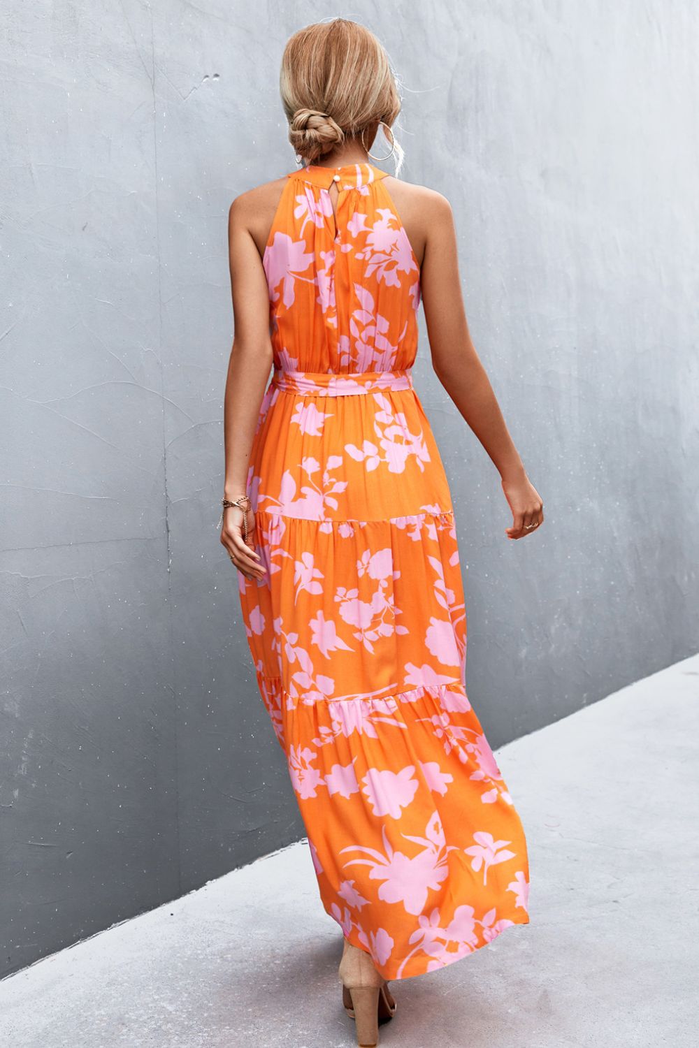 Printed Sleeveless Tie Waist Maxi Dress