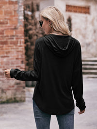 Buttoned Drawstring Dropped Shoulder Hoodie