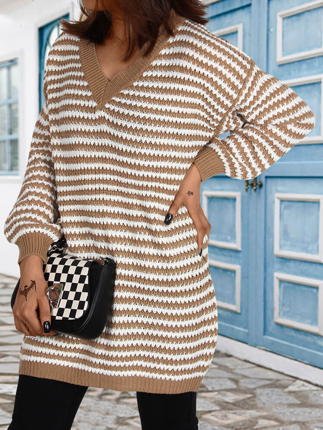 Striped V-Neck Sweater Dress