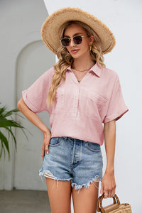 Half Button Johnny Collar Blouse