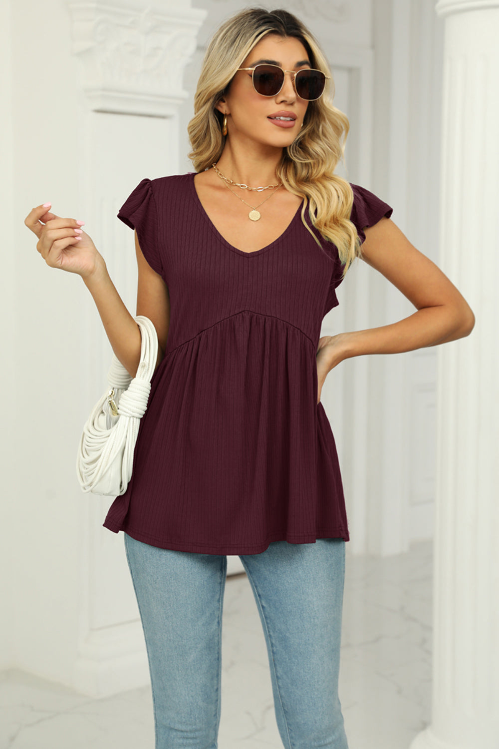 V-Neck Flutter Sleeve Babydoll Blouse