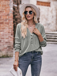 Buttoned Drawstring Dropped Shoulder Hoodie