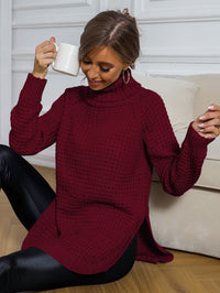 Waffle-knit Turtle Neck Long Sleeve Sweater Pullover