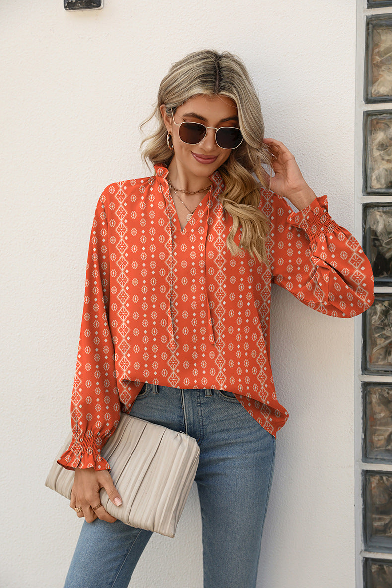 Printed Tie Neck Flounce Sleeve Blouse