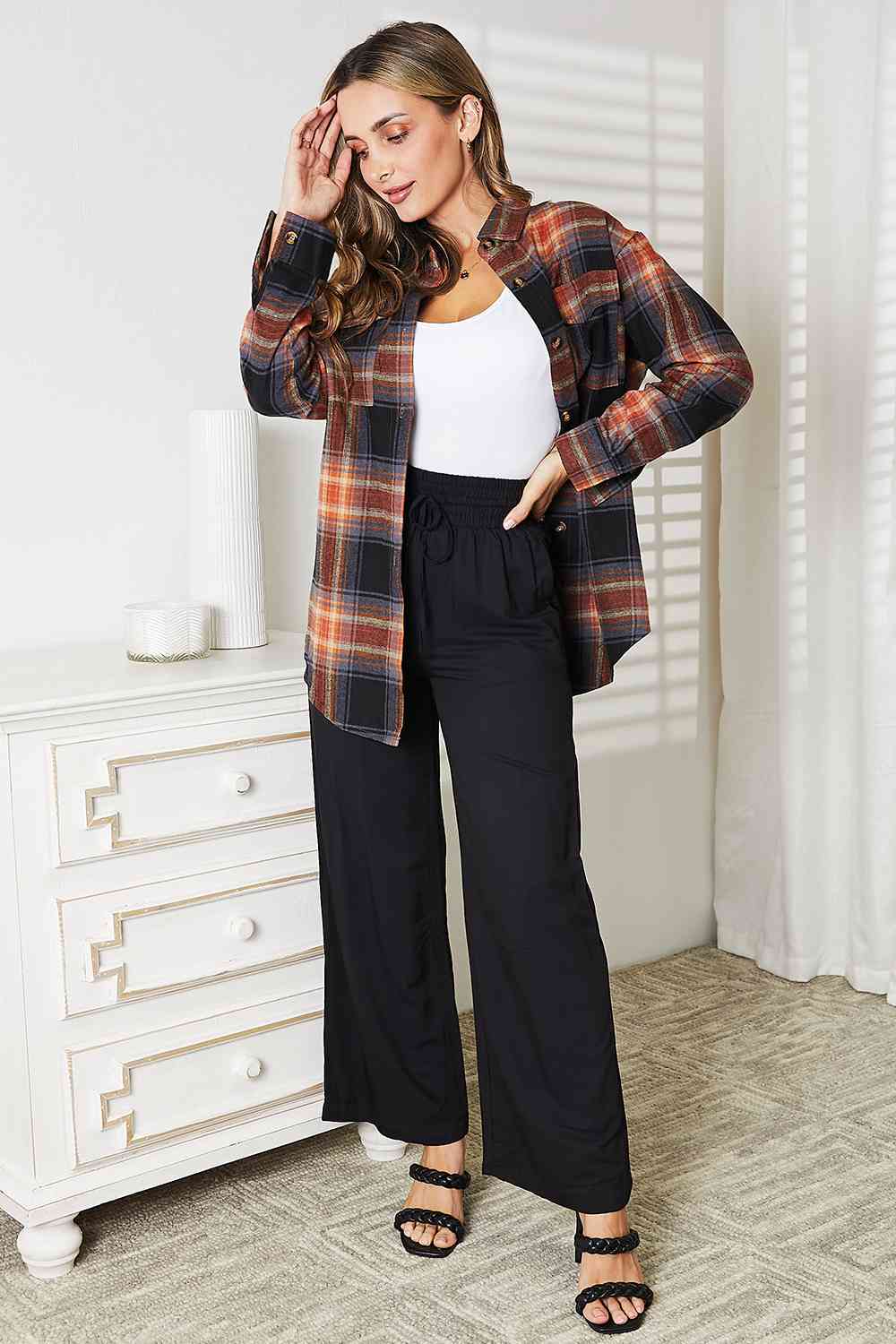 Double Take Plaid Dropped Shoulder Shirt