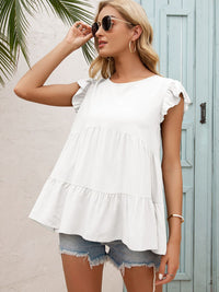 Round Neck Flutter Sleeve Tiered Blouse